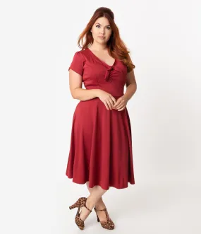 Unique Vintage Plus Size 1940s Style Burgundy Knit Short Sleeve Natalie Swing Dress