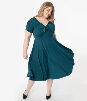 Unique Vintage Plus Size 1940s Style Teal Natalie Swing Dress