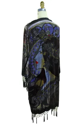 Vintage Velvet Art Nouveau Beaded Fringe Scarf Coat - Mucha Gypsy Fortuneteller - Black