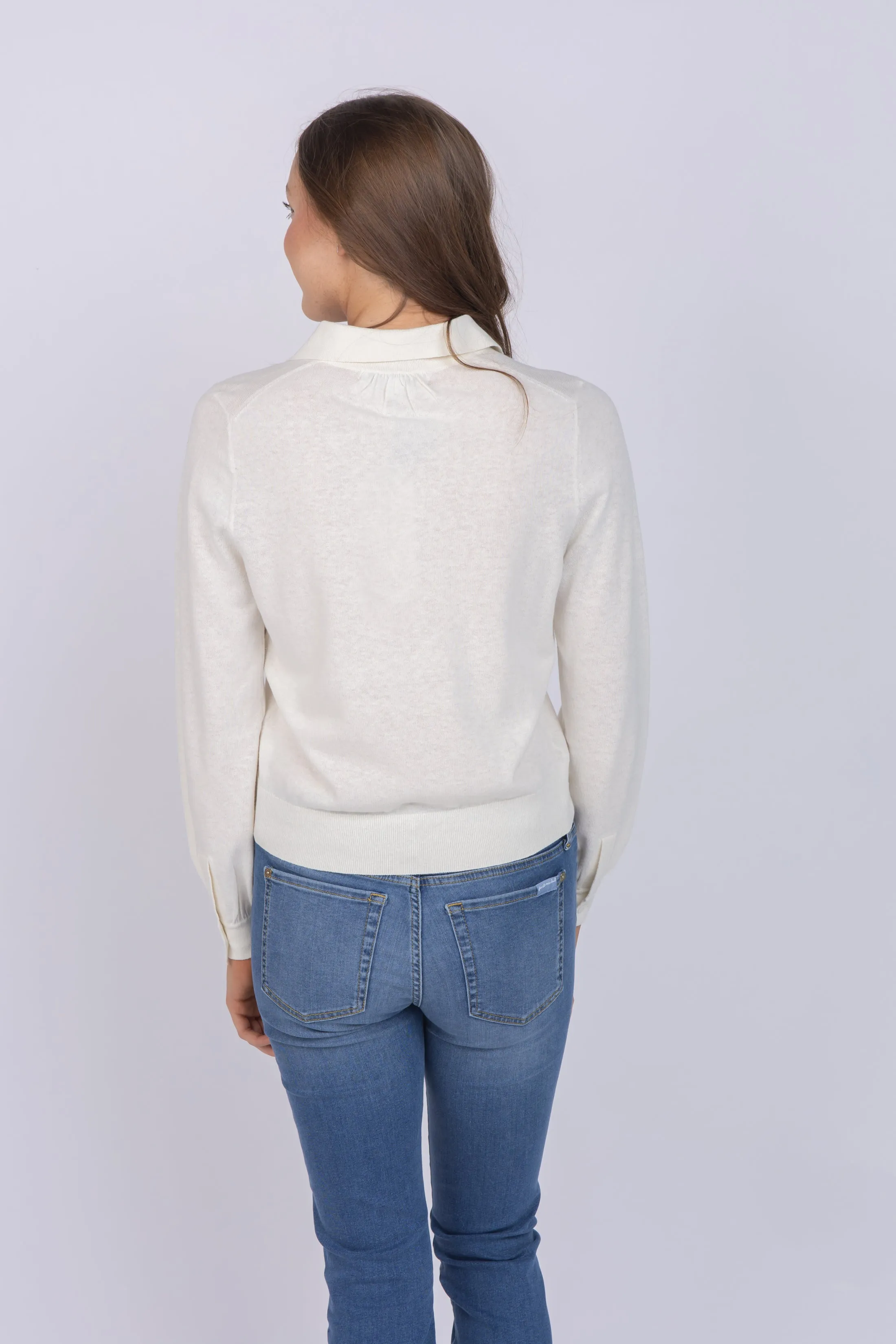 White   Warren Cotton Hemp Gauze Polo Sweater in White