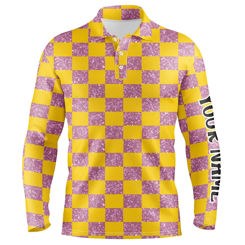 Yellow Purple Twinkle Checkered Plaid Mens Golf Polo Shirt Personalized Golf Gifts For Male Golfer