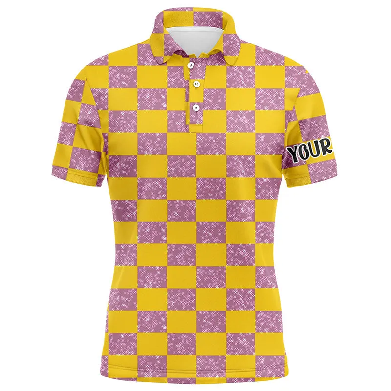 Yellow Purple Twinkle Checkered Plaid Mens Golf Polo Shirt Personalized Golf Gifts For Male Golfer